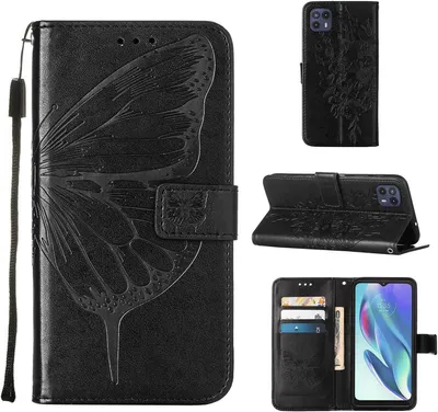 Produktbild von Moto G50 5G Hülle, Schmetterling Prägung Flip Leder Kartenfächer Schutzhülle Ledertasche mit Ständer für Motorola Moto G50 5G Schwarz