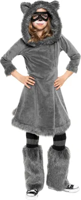 A child wearing a raccoon costume.