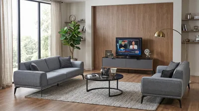 Productafbeelding van Woonkamer set: 3-zits banken (2x), salontafel, TV-meubel, modern, lichtblauw