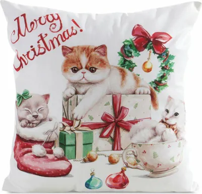 Image de EUROFIRANY | Taie d'oreiller décorative - Housse de coussin de Noël - 45 x 45 cm - Blanc Rouge - Chat - Taie d'oreiller décorative de Noël - Xmas