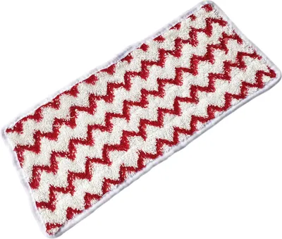 A rectangular mop pad with a red and white zigzag pattern, lying on a white background.