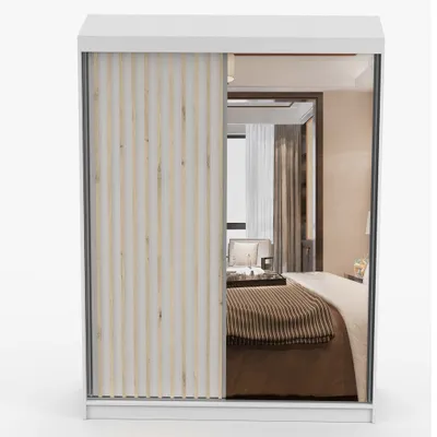 Produktbild von Schwebetürenschrank Kleiderschrank Schrank 150 cm Weiß/Weiß mit Spiegel und Lamellen  LAMI B