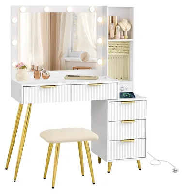Zdjęcie produktu dla Toaletka z taboretką, lustrem i szufladami | Biały kolor | 110x40x135 cm