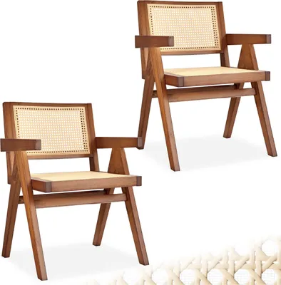 Two wooden chairs with woven seats and backs are shown against a white background.