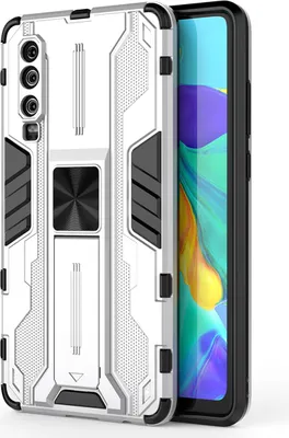 Produktbild von Huawei P30 Hülle, Dual Layer PC TPU Bumper Stoßfest Ständer Schutzhülle für Huawei P30 Silber