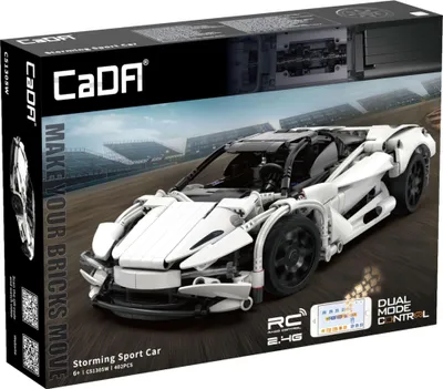 The image shows the packaging of a white remote-controlled sport car building set, with a race track scene in the background.
