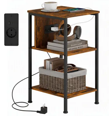 Productafbeelding van HOMCOM bijzettafel met oplaadstation. Smalle salontafel met 2 opbergvakken
