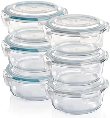 Produktbild von PolkaHome® Glass Vorratsbehälter Set - 6 Runde Behälter mit luft- und flüssigkeitsdichten Deckeln - Ofen-, Gefrier- und Mikrowellengeeignet