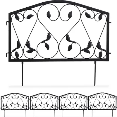 Produktbild von Relaxdays Beetzaun, 4-teilige Beetumrandung für Garten, Steckzaun Eisen, antik, Blätter Design, HxB 33 x 225 cm, schwarz