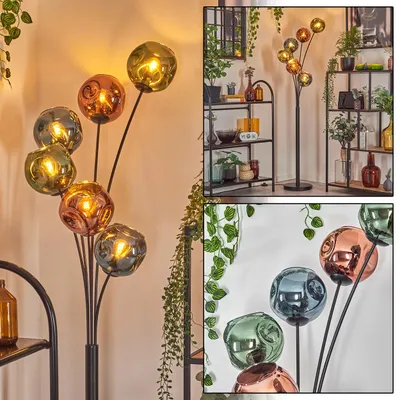 Produktbild von Villamare Stehlampe aus Metall/Glas in Schwarz/Kupfer/Blau/Grün mit Fußschalter