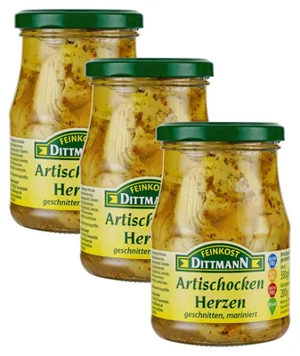 Image de Feinkost Dittmann Cœurs d'artichauts, coupés en quatre et marinés en verre, paquet de 3 (3 x 330 g)