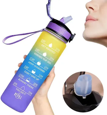Obrázok produktu pre Športová fľaša na pitie 1 l, motivácia na pitie, slamka a loptička na šejker, fitness, škola, kancelária (žltá/modrá/fialová + čistiaca kefka)