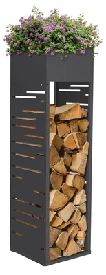 Immagine prodotto di Portaregna da interno ed esterno, con fioriera, in metallo e legno, per stoccare la legna da ardere, resistente agli agenti atmosferici, espandibile, acciaio zincato, colore antracite, dimensioni 30x111 cm