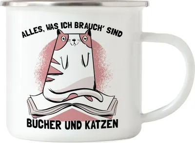 Produktbild von Alles was ich brauch sind Bücher und Katzen Emaille -Tasse Katzenliebhaber Tierfreunde Lesen Bücher süßes Katzenmotiv