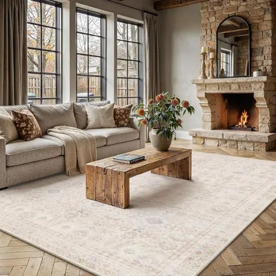 Productafbeelding van Vintage vloerkleed, wasbaar, 200x300 cm, lichtbeige, geschikt voor de woonkamer