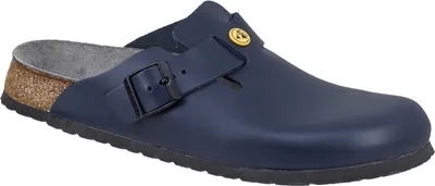 A single blue Birkenstock Boston ESD clog is shown from a side-angle on a white background.