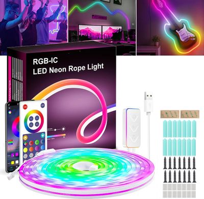 Neon LED Strip, 3m RGB LED Band, Neon Seil Lampe, Farbwechsel, Musik Sync, 5V Flexible Neon LED Streifen mit App-Steuerung, DIY-Formen, Musik Sync