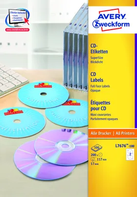 Produktbild von Avery Zweckform L7676-100 CD-Etiketten, Ø 117 mm, 100 Blatt/200 Etiketten, weiß