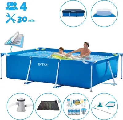Produktbild von Intex-Schwimmbecken mit rechteckigem Rahmen – 260 x 160 x 65 cm – Blau – im Lieferumfang enthalten Abdeckung - Bodenplane - Filterpumpe für Schwimmbad - Solarmatte - Wartungspaket - Reinigungskit