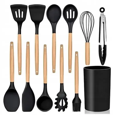 Image de Set ustensiles de cuisine 12 pièces en silicone et bois d acacia avec support pour cuisson et pâtisserie