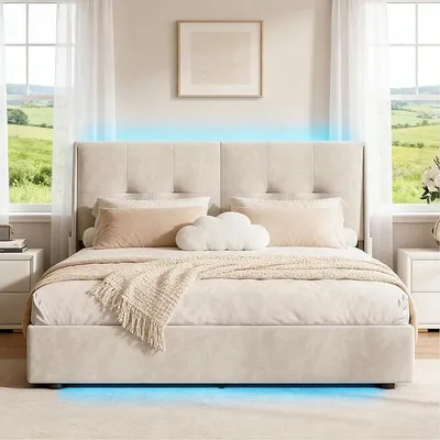 Productafbeelding van Boxspringbed 140x200 met opbergruimte, tweepersoonsbed met LED-verlichting, hydraulisch bed met hoofdeinde, bedframe met lattenbodem, fluweel (beige, 140 x 200 cm)