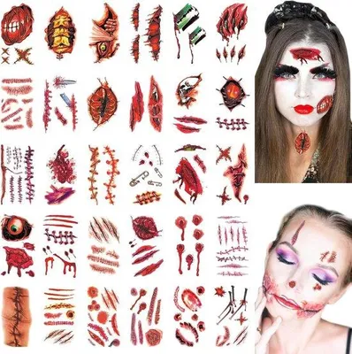 Produktbild von Halloween-Tatoeages für Gesicht und Körper, realistische Narben und blutige Sticker