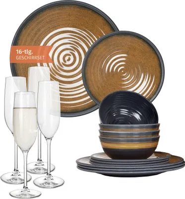 Produktbild von Melamin Camping Geschirr Set 4 Personen Stone Curry + 4 Tiamo Champgner Gläser Flûtes Tafelgeschirr Picknick BBQ Kochgeschirr