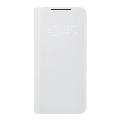 A white Samsung Galaxy S21 flip case with a digital clock display.