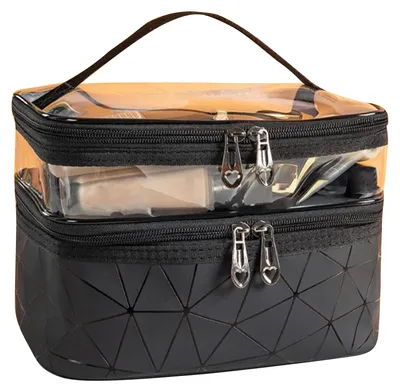 Produktbild von Kosmetiktasche, 2-lagig, wasserdicht, tragbar, handlich, Reisetasche, großes Fassungsvermögen, Aufbewahrung für Hautpflegeprodukte, Schwarz