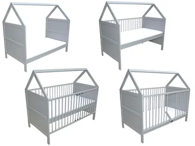 A collage of four images showing a baby bed with a house-shaped frame from different angles.