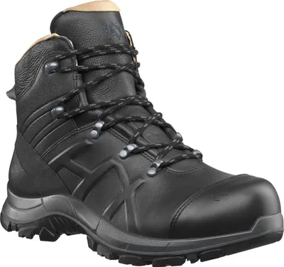 A black work boot on a white background.