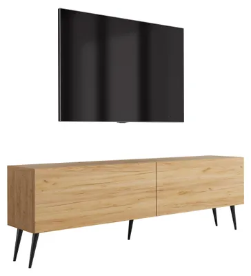 Image de Meuble TV avec pieds inclinés, couleur noire, finition chêne, dimensions : 170 x 32 x 52 cm
