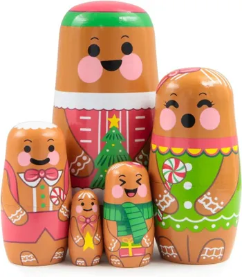 Productafbeelding van Houten Russische Matriochka poppen - Set van 5 - Kerststokken en rode wangen - Ideaal als cadeau of verjaardagsfeestje
