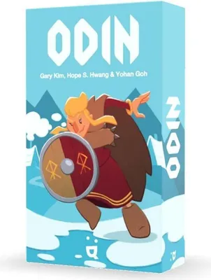A box for the board game Odin, featuring a cartoon Viking character.