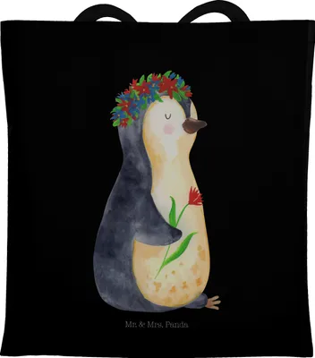 Produktbild von Mr. & Mrs. Panda Beutel Pinguin Blumen - Schwarz - Geschenk, Pinguine, Geschenkidee, festivaltasche, Einkaufstasche, Blumenliebe, Tasche, Jutebeutel, Leben, umhängebeutel