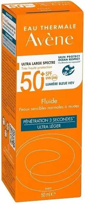 The image shows the front of an orange product box for Avène Eau Thermale sunscreen.