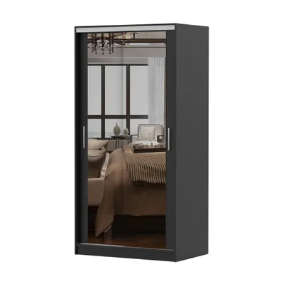 Image de Armoire à portes coulissantes TOKYO M, armoire de chambre à coucher 100 cm noir/noir avec miroir, poignées en PVC couleur aluminium