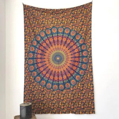 Produktbild von Famanu Wandteppich Mandala - vielseitig, bunt, 100% Baumwolle - ideal als Wandteppich, Boho-Dekoration, blau und gelb, 135x210 cm