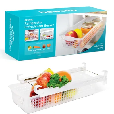 Zdjęcie produktu dla Bewello - Organizer do lodówki - 41 x 16 x 9,5 cm - wysuwana szuflada - schowek na lodówkę - kosze na warzywa i owoce - do lodówki - szafki - spiżarni