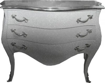 Casa Padrino Barock Kommode Weiß Silber Glitzer Effekt Look Glitter Baroque Chest Luxus Luxury Furniture Möbel