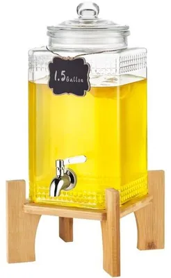 Produktbild von Getränkespeicher - 1,5 Gallonen Getränkespender für Partys - Glas Saftspender mit Ständer - Edelstahl Zapfhahn - Eistee-Limonaden-Wasserspender - ideal für Restaurants und Hotels