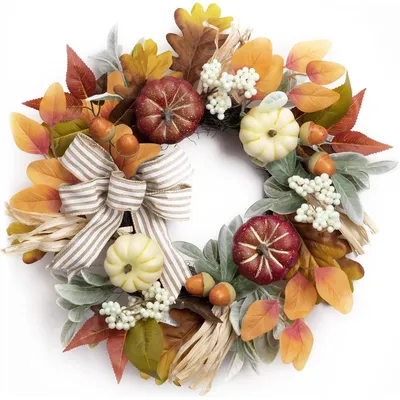 Produktbild von Türkranz Herbstdeko 45cm Orange mit Kürbis, Ahornblatt, Beere und Fliege für Innen & Außen