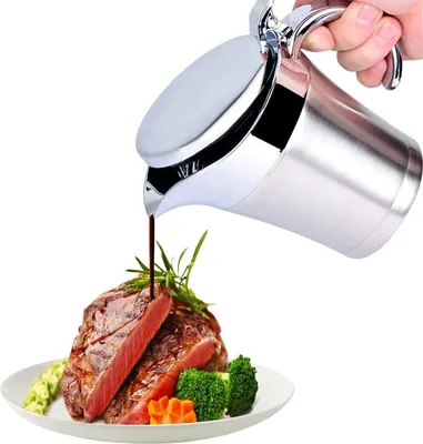 Produktbild von Thermo Sauciere Doppelt 304 Edelstahl 500ml/750ml Isoliert Thermo Sauciere Soßenkanne Saucenbecher Soßenschüssel mit Deckel für Servieren von Soße,Vanillesoße,Sahne,Soße (500ml Silber)