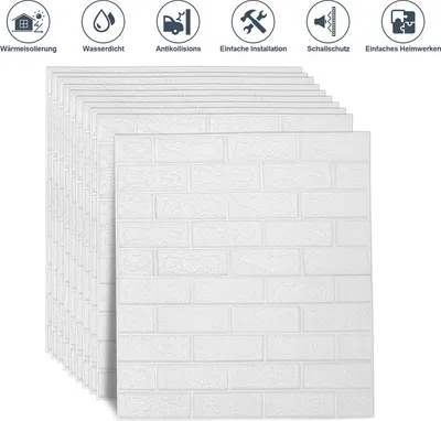 Obrázek produktu pro Jopassy 10 ks 3D tapety na zeď Nástěnné tetování Samolepící 3D cihla cihla Nástěnné samolepky Bílá 70 x 77 cm