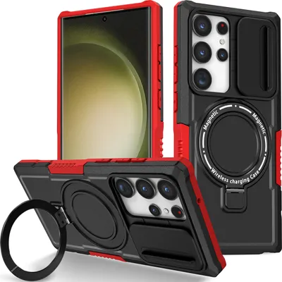 Produktbild von Handyhülle für Samsung Galaxy S23 Ultra Kompatibel mit MagSafe, Robuste Hülle mit Schiebe Kamera Schutz, Magnetischer Ringständer Schwarz Rot