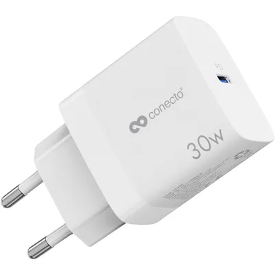 Obrázek produktu pro conecto USB-C nabíječka, USB napájecí zdroj, 1x 30 W PD USB-C port, GaN rychlonabíječka, nabíječka mobilních telefonů, automatická detekce nabíjecího proudu, bílá barva