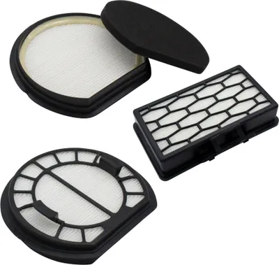 Three different vacuum cleaner filters are arranged on a white background.