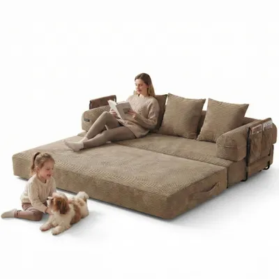 Produktbild von LVHOM Klappbares Schlafsofa aus Cordstoff, Modulares Tagesbett mit Metallgestell, Klappsofa Bodensofa mit Stauraum, 300kg Belastbarkeit, Khaki