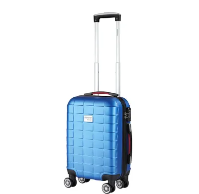 A blue suitcase with a telescopic handle and wheels, presented against a white background.