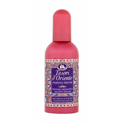 A pink bottle of Tesori d'Oriente Persian Dream perfume against a white background.